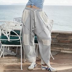 Harem Pants In Double Gauze And See Through Lace. Oversized And Comfy. Casual Wide-leg Patchwork Bottoms, Spring Baggy Patchwork Pants, Spring Patchwork Ankle-length Pants, Blue Patchwork Pants For Summer, Patchwork Relaxed Fit Ankle-length Bottoms, Spring Relaxed Fit Patchwork Pants, Relaxed Fit Patchwork Pants For Spring, High Waist Relaxed Fit Pants With Patchwork, High Waist Relaxed Fit Patchwork Pants