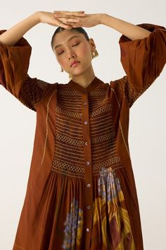 Brown midi dress with foliage prints, smocked bodice and sleeves. - Aza Fashions Brown Midi Dress, Dress For Women, Vintage Dress, Three Quarter Sleeves, Dress Pattern, Quarter Sleeve, Aza Fashion, Three Quarter, Smocking