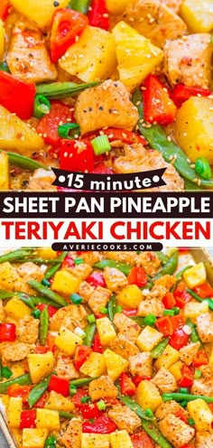 sheet pan pineapple teriyaki chicken with peppers and green beans in the background