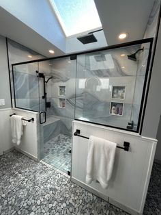 a bathroom with a skylight above the shower