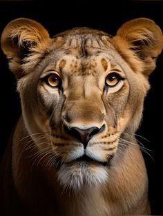 a close up of a lion on a black background