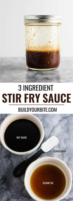 ingredients for homemade stir fry sauce in mason jars with text overlay that reads ingredient stir fry sauce