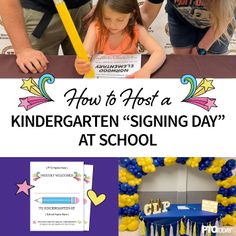 two people standing next to each other in front of a sign that says how to host a children's signing day at school