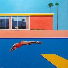 a painting of a person diving into a swimming pool in front of a house with palm trees