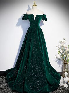 A-Line Off Shoulder Velvet Long Prom Dresses Deep Midnight Green Ball Gown, Navy Blue Formal Dress, Prom Dresses Green, Dresses Green, Blue Dress Formal, Blue Evening Dresses, Graduation Dresses, Long Prom Dresses, A Line Prom Dresses