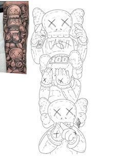 a drawing of a cartoon character on the left arm and an image of a person with tattoos on their arms