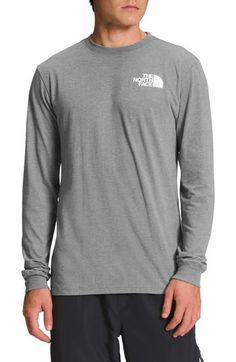 The North Face brings its Never Stop Exploring spirit to a T-shirt made of a breathable cotton blend. 27 1/2" length (size Medium) Crewneck Long sleeves 50% cotton, 50% polyester Machine wash, tumble dry Imported T Shirt Image, Box Logo, North Face Mens, Rei Co-op, Mens Graphic Tee, Logo Graphic, Branded T Shirts, Mens Long Sleeve, North Face