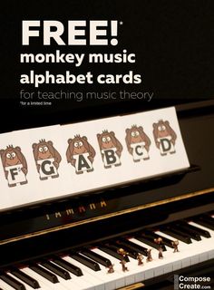 a piano with the words free monkey music alphabet cards for teaching music theory on it