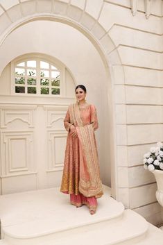 Gul Brocade | Aghanoor Bridal Aghanoor Bridal Collection, Peach Traditional Wear With Resham Embroidery For Reception, Festive Peach Anarkali Set With Intricate Embroidery, Festive Peach Sharara With Intricate Embroidery, Bollywood Traditional Wear With Intricate Embroidery In Peach, Bollywood Style Peach Traditional Wear With Intricate Embroidery, Designer Peach Sharara With Intricate Embroidery, Peach Dupatta With Zari Work For Reception, Designer Wear Orange Dupatta With Intricate Embroidery