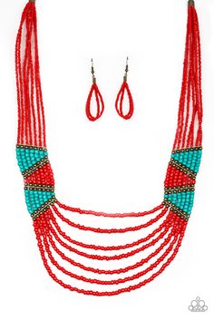 Separated by shimmery brass fittings, red, turquoise, and brass seed beaded geometric frames give way to layers of red seed beads down the chest for a tribal inspired flair. Features an adjustable clasp closure. Sold as one individual necklace. Includes one pair of matching earrings. Get The Complete Look! Bracelet: "Outback Outing - Red" (Sold Separately)P2SE-RDXX-239OT Bracelets With Beads, Multi Necklace, Friendship Bracelets With Beads, Pink Jewels, Purple Necklace, Red Necklace, Red Bracelets, Red Turquoise, Paparazzi Accessories