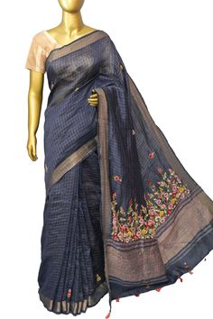 Shop this navy blue color excellent piece of linen silk with zari check work along with French knot and beautiful work of hand Parsi and Kantha embroidery done throughout the body of the saree with a bullion knot to bring out the perfect gorgeous look. Color: A shade of navy blue color Technique: An enriching work of along with French knot hand Parsi and Kantha embroidery with a bullion knot, and zari check work Fabric: Linen Silk Quality: IndyVogue's Assurance of Silk Mark Certified Blue Embroidered Silk Saree, Blue Raw Silk Embroidered Fabric With Pallu, Blue Zari Embroidered Dola Silk Fabric, Blue Silk Embroidered Saree Fabric, Blue Cotton Silk Pre-draped Saree With Zari Weaving, How To Wash Silk, Embroidery Online, Kantha Embroidery, Blouse Measurement