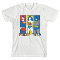 Dream Team unite! Superman, Wonder Woman, and Batman join forces as the Justice League on this boy's tee. The white shirt has a red, blue, and yellow color scheme to match with the heroes' costumes. It comes in short sleeves and offers a tear-away label for easier care. It was made with renewable energy and is a great tee for young DC fans. Wonder Woman And Batman, The Justice League, Yellow Colour Scheme, Superman Wonder Woman, The Justice, Sleeve Packaging, Blue Color Schemes, Boy Tees, Justice League