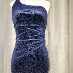 Brand New Love Nickie Lew- Navy Blue Sparkly One Shoulder Asymmetrical Dress, Jacquard Print, Velvet, Gathered Midsection, Size S, No Zipper Entry -Pullover Blue Fitted One-shoulder Prom Dress, Blue Fitted One Shoulder Prom Dress, Blue Asymmetrical One Shoulder Dress For Prom, Blue One-shoulder Dress With Asymmetrical Neckline For Party, Blue Asymmetrical One Shoulder Party Dress, Blue Fitted One Shoulder Dress For Formal Occasions, Blue One Shoulder Dress For Party, Blue Fitted One Shoulder Formal Dress, Glamorous Blue Dress With Asymmetrical Neckline