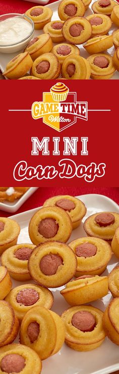 mini corn dogs on a white platter with dipping sauce and red napkins in the background