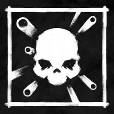 a black and white photo with a skull in the center surrounded by scissors on it