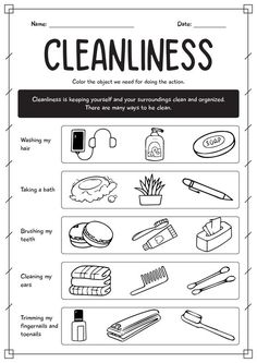 the cleanness worksheet for kids to learn how to use cleaning and hygiene products