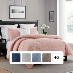 a bed in a bedroom with pink comforter and pillows