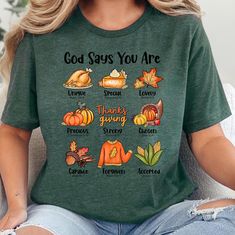 God Says You Are, Fall Christian Shirt, Fall Shirt, Christian Shirt, Womens Shirt This classic unisex jersey short sleeve tee fits like a well-loved favorite. Soft cotton and quality print make users fall in love with it over and over again. These t-shirts have-ribbed knit collars to bolster shaping. The shoulders are tapered for a better fit over time. Dual side seams hold the garment's shape for longer. .: Made with 100% Airlume combed and ring-spun cotton, a lightweight fabric (4.2 oz/yd² (14 Fall Christian, God Says, Christian Shirt, Womens Shirt, Fall Shirt, Christian Shirts, Fall Shirts, Leisure Wear, Jersey Shorts