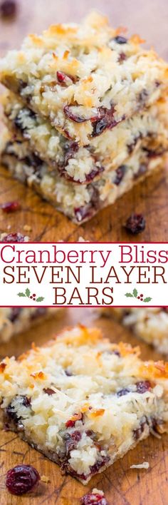 cranberry bliss seven layer bars on a cutting board