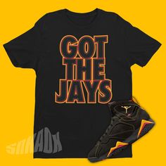 Got The Jays Shirt To Match Air Jordan 7 Citrus Throwback Black Sports T-shirt, Black Throwback Sports T-shirt, Black Throwback T-shirt For Sports Season, Throwback Black T-shirt For Sports Season, Throwback Logo Print T-shirt For Streetwear, Throwback T-shirt With Logo Print For Streetwear, Throwback Streetwear T-shirt With Logo Print, Black Throwback T-shirt With Logo Print, Throwback Black Pre-shrunk T-shirt