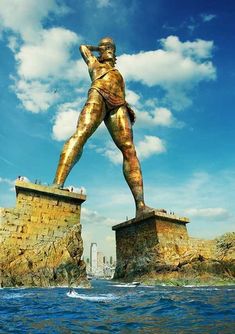 there is a statue that looks like a man standing on top of a rock in the ocean