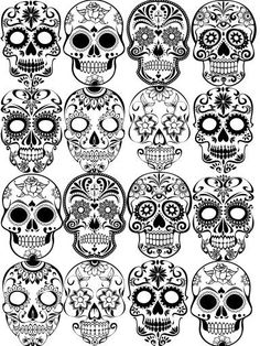 a large group of skulls with different designs on them, all in black and white