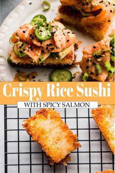 crispy rice sushi with spicy salmon and cucumber