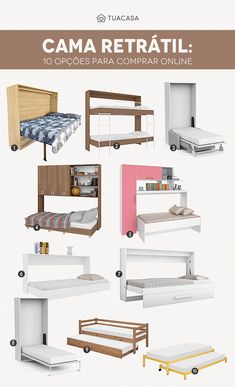 there are many different types of bunk beds in this image and the text reads cama retratil 10 cres para comprad online