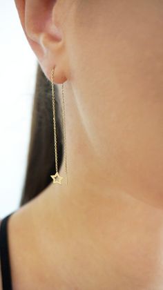 14K 9K Gold Star Threader Earrings, Solid Gold Minimalist Earrings, Dainty Star Threaders, Long Chain Earrings, Celestial gold earrings, Gift for her, FREE EXPRESS SHIPPING Dainty and minimalist 14K or 9K Solid gold threader earrings with a small star. A lovely, versatile pair of earrings/earring that you will love wearing all day, everyday! Whisper....Aiming for the stars! :) ------------------------------------------------- D E T A I L S 14K Solid Gold or 9K Solid Gold Length: 11cm / 4.3'' Sta Dainty 14k Gold Star Charm Earrings, Dainty 14k Gold Earrings With Star Charm, Minimalist Yellow Gold Star Earrings, Minimalist 14k Gold Earrings With Star Charm, Minimalist 14k Gold Star Charm Earrings, Everyday 14k Gold Star Earrings, Gold Minimalist Earrings, Music Note Necklace, Double Horn Necklace