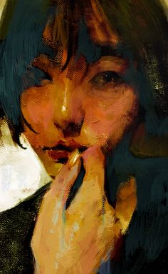 a painting of a woman holding her hand to her face while talking on the phone