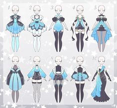 an anime character's fashion guide with different outfits and hair styles for each character