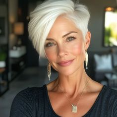 capecod8999 A pretty 45 year old woman with Icy White Long Pi 253a9ee1 7be3 4ef3 bdfd ff29dee08cc8 3 Short Blonde Pixie Cut, White Pixie Cut, Angled Bob Haircuts, Short Hair Highlights, Short Red Hair, Gray Hair Cuts, Beautiful Gray Hair