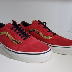 Brand New Awesome Red Vans With Snake Print Accents. Unisex. Vans Sneakers In University Red For Streetwear, Red Leather Skateboarding Sneakers, Red Vans Skate Shoes With Red Sole, Red Vans Skate Shoes, Red Vans Sneakers With Red Sole, Vans Leather Sneakers With Red Sole, Red Leather Skate Shoes With Laces, Red Skate Shoes With Laces For Skateboarding, Red Vans