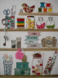 the wall is decorated with many different items