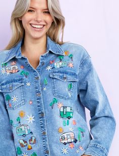 Denim Camper Shirt Front View Close Up Casual Button-up Tops With Patches, Fun Spring Button-up Tops, Embroidered Casual Denim Jacket For Summer, Casual Embroidered Denim Jacket For Summer, Casual Denim Festival Outerwear, Casual Denim Outerwear For Festival, Casual Relaxed Fit Outerwear For Festival, Casual Tops With Embroidered Patch For Spring, Casual Spring Tops With Embroidered Patch