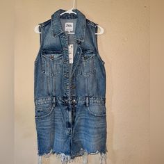 Zara Denim Jumpsuit Shorts Distressed. Size Large. Medium Color Denim. Button Up With Zipper. Zara Denim Jumpsuits And Rompers In Medium Wash, Denim Jumpsuit Shorts, Zara Denim Jumpsuit, Zara Casual High-waist Denim Jumpsuit, Zara Denim Blue High-waist Jumpsuits And Rompers, Fitted Blue Denim Jumpsuit, Short Length, Short-sleeve Denim Jumpsuit With Pockets, Jumpsuit Shorts, Denim Short Jumpsuit