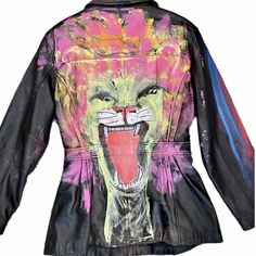 Upcycled Women's Painted Vintage Jaqueline Ferred Lambskin Jacket Size Large Multicolor Leather Winter Outerwear, Multicolor Leather Outerwear For Fall, Lambskin Jacket, Painting Leather, Woman Painting, Leather