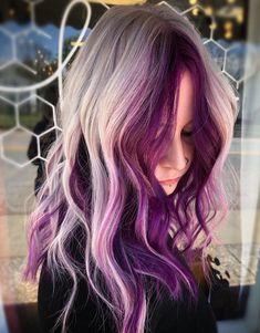 Purple And Blonde Hair, Purple Highlights Blonde Hair, Purple Blonde Hair, Purple Brown Hair, Long Purple Hair, Purple Hair Highlights, Purple Balayage, Dark Purple Hair, Plum Hair