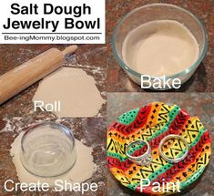 three different images showing how to make salt dough with jewelry bowls and rolling pinwheels