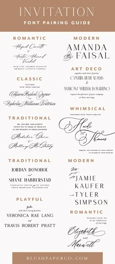 the wedding program is shown with different font styles and colors, including brown, black, white