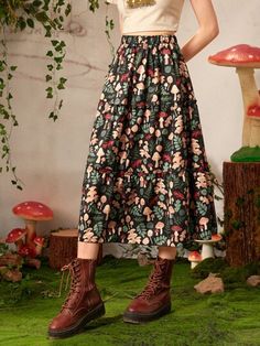 Art Mom Aesthetic Outfit, Skirts Tiered, Women Autumn Outfits, Boho Fall Fashion, Mushroom Skirt, Boho Autumn, Ruffle Hem Skirt, Mode Hippie, Mushroom Print