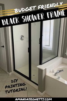 a bathroom with a tub, sink and shower in it that says budget friendly black shower faucet