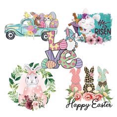 some type of happy easter card with an image of rabbits, flowers and cars on it