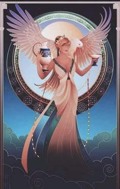 an angel holding a vase in her hands with the moon and clouds behind it, on a blue background