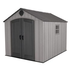 a gray shed with two doors and windows