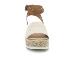 Synthetic upper,Adjustable buckle closure strap at ankle,2 1/4 inch wedge heel height,1 1/2 inch platform height,Open toe,Smooth footbed,Espadrille wrapped midsole,Durable outsole,Smooth strap lining | Women's Soda Topic Flatform Sandals in Beige Size 10 Medium Trendy Ankle Strap Espadrilles For Vacation, Summer Platform Footbed Sandals For Vacation, Summer Adjustable Platform Footbed Sandals, Trendy Sandals With Woven Sole For Beach Season, Beach Open Toe Slingback Sandals With Platform, Summer Sandals With Removable Insole And Round Toe, Closed Toe Synthetic Sandals For Beach Season, Summer Platform Footbed Sandals For Beach, Summer Wedge Sandals With Open Heel