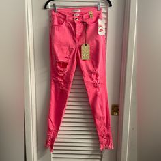 Nwt Vibrant M.I.U Neon Pink Distressed Jeans/Jeggings. Size 5 Trendy Stretch Distressed Pants, Trendy Ripped Pink Jeans, Spring Fitted Distressed Pants, Trendy Ripped Pink Bottoms, Pink High Waist Ripped Bottoms, High Waist Ripped Pink Bottoms, Spring Distressed Stretch Pants, Ripped Stretch Jeggings, Trendy Stretch Pants With Frayed Hem