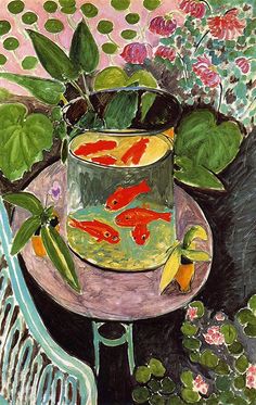 a painting of goldfish in a bowl on a table next to plants and flowers