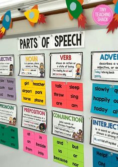 a bulletin board with different parts of speech written on it and hanging from the wall