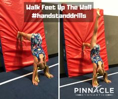 a woman is doing a handstand on a trampoline in front of a red wall